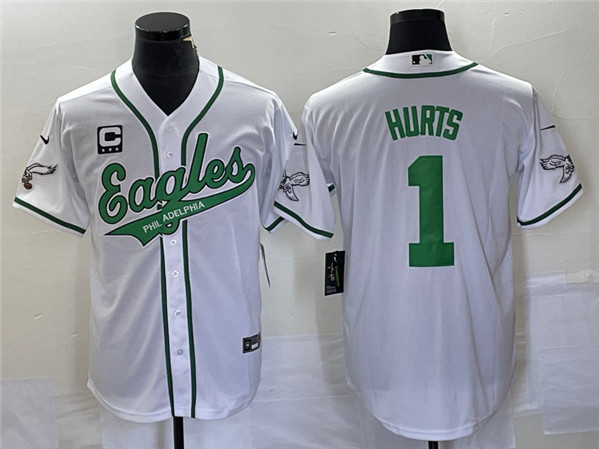 Philadelphia Eagles #1 Jalen Hurts White With C Patch Cool Base Stitched Baseball Jersey